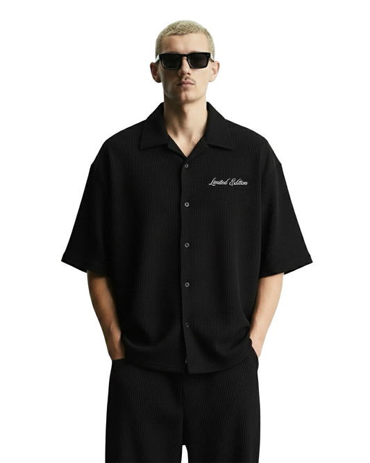WildFlex Premium Black Textured Ribbed Cotton Shirt
